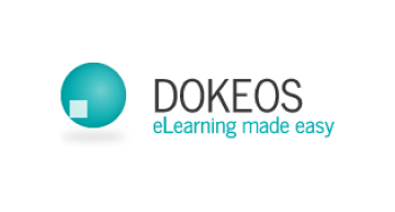 The word 'Dokeos' is displayed with a slogan below it and a sphere to the left of it.
