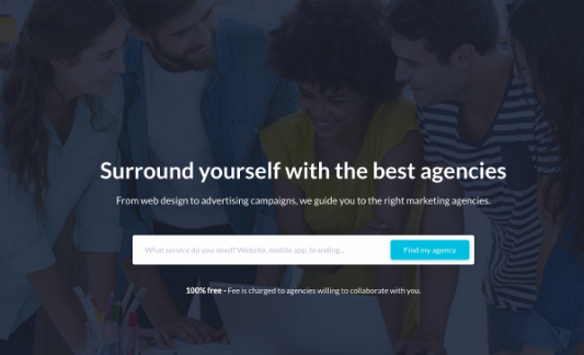 A screenshot from a marketing website with a search bar in the centre and a blurred photo of people in the background.