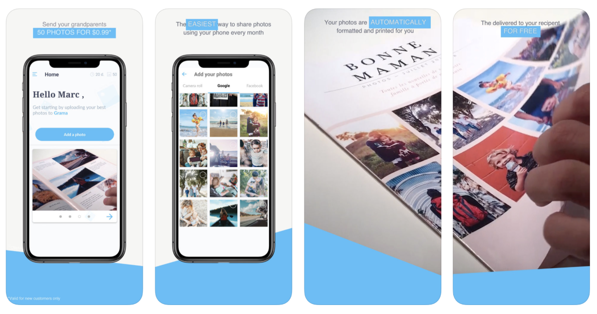 Quatre images d'un écran de téléphone portable avec des images toutes liées les unes aux autres.